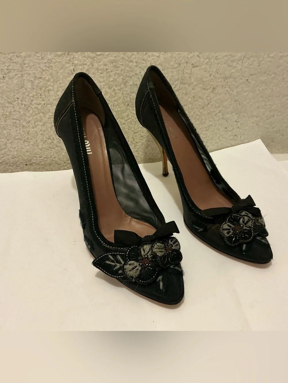 Miu Miu Black Floral Appliqué Pointed-Toe Pumps